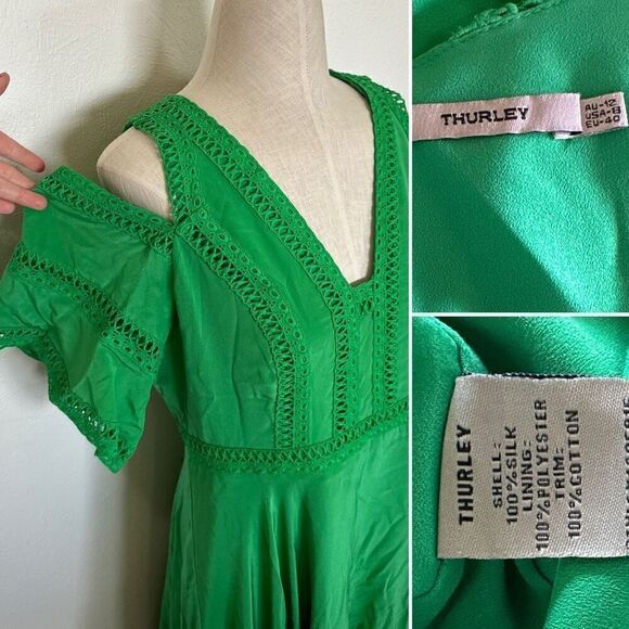 THURLEY Cold Shoulder Silk Dress -Kelly Green Size 8 - Picture 6 of 6